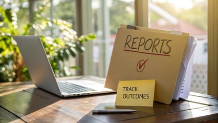 Organized Workspace with Laptop and Report Folder for Tracking Outcomes