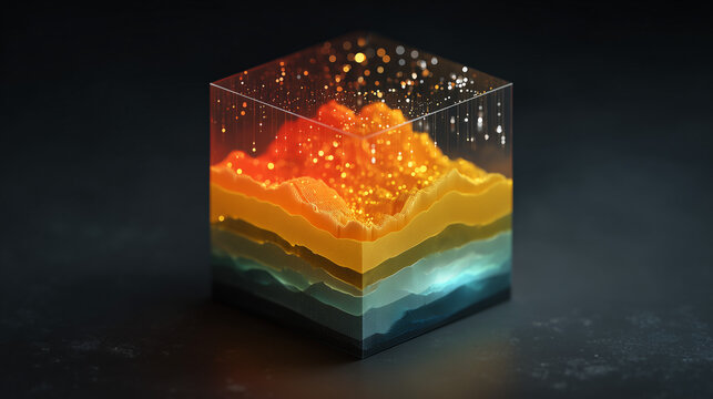 An AI performing RFM analysis on a customer base, visualized as glowing layers within a 3D data cube.