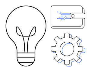 Light bulb for ideas, digital wallet with circuitry for fintech, and gear for process. Ideal for innovation, fintech, technology, automation, creativity finance productivity themes. Simple flat