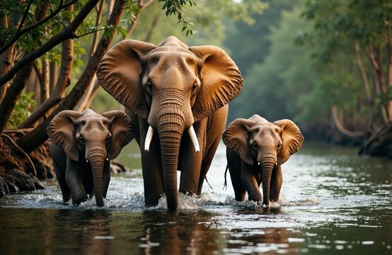 Family of elephants walking through a river in a lush forest setting