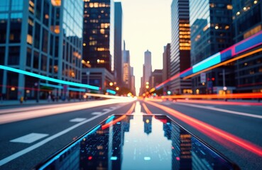 Fototapeta premium City street at dusk with tall skyscrapers and light trails from moving vehicles creating a dynamic urban scene