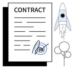 Contract with a signature and blue stamp, rocket taking off, minimal tree design. Ideal for business, innovation, agreements, startups, growth entrepreneurship legal structure. Flat metaphor