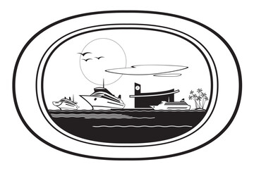 View from the cabin to cruise ships in the port &ndash; vector illustration