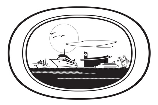 Fototapeta View from the cabin to cruise ships in the port – vector illustration