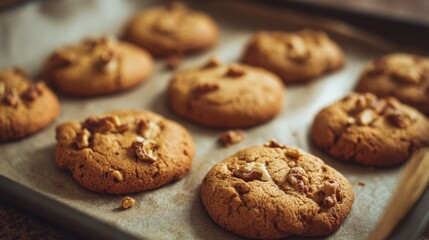 Delicious cookies with nuts sit on a baking tray cooling in a warm kitchen atmosphere.