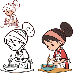 Adorable young girl wearing apron preparing food in a cute cartoon style isolated on transparent background