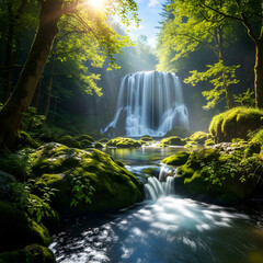 Sunlit Waterfall in Lush Green Forest