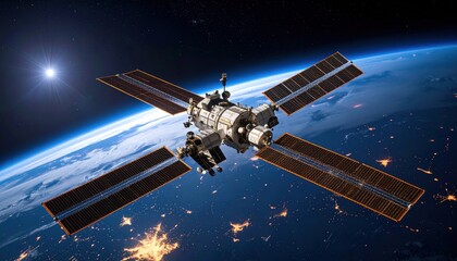 Obraz premium Satellite Over Earth At Night Showing Illuminated Solar Panels Against Starry Sky and Continental Lights