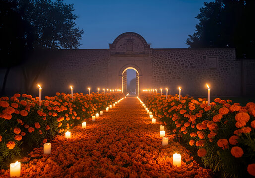 Pathway covered in marigolds and candles leading to an arched entrance at dusk. A solemn and respectful scene. Dia de los Muertos, remembrance, Mexican tradition.