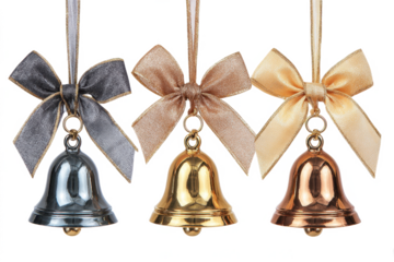Three hanging Christmas bells with ribbon bows silver gold and copper ornaments for holiday decoration isolated on white