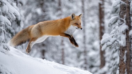 Fototapeta premium A fox leaps energetically over a snowy landscape surrounded by tall frosted trees.