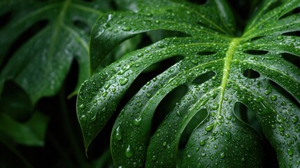 Obraz premium Bright green leaves sparkle with water droplets after a gentle rain in a vibrant rainforest setting.