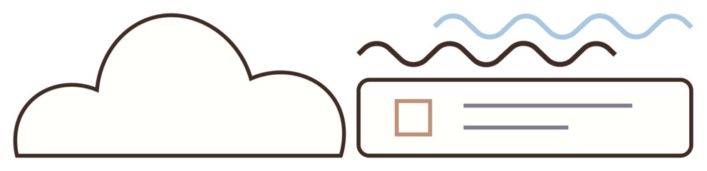 Simple cloud shape next to a checkbox with horizontal lines and a wave pattern above. Ideal for connectivity, online storage, data processing, cloud technology, options selection, digital interface