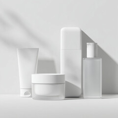 Realistic mockup of various cosmetic containers including cream jar, tube, and bottles in soft studio lighting. Perfect for skincare branding, product presentation, and packaging design visualization