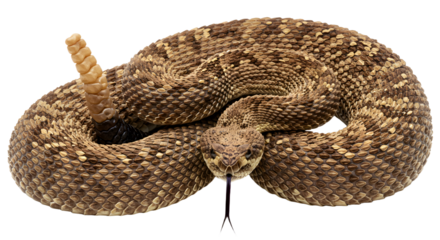 Rattlesnake coiled in defensive posture with rattling tail isolated on white, close-up of venomous reptile, perfect for wildlife education and nature projects