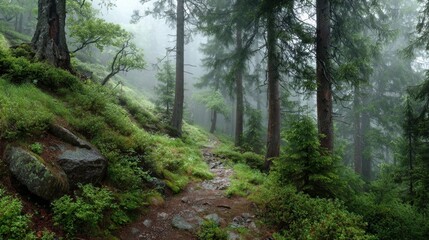 Fototapeta premium A forest path is covered in moss and surrounded by trees. The moss is green and the trees are tall. The path is surrounded by rocks and the moss is growing on them. The scene is peaceful and serene