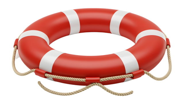 Red and white lifebuoy with rope isolated on white background, safety flotation device for water rescue and boating