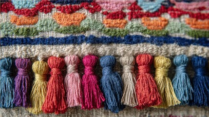 Obraz premium Beautifully crafted tassels in various colors highlight the skillful weaving of textiles.