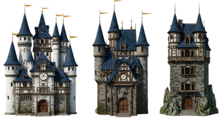 Detailed 3D rendered medieval castles with towers and stone architecture, perfect for fantasy or historical design projects