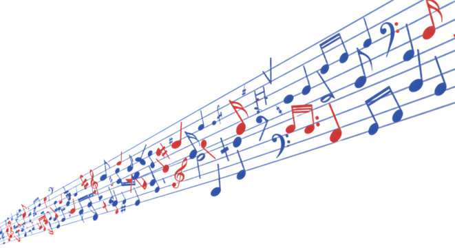 Musical notes flying diagonally on transparent background, red and blue music symbols, perfect for educational and entertainment projects - Powered by Adobe