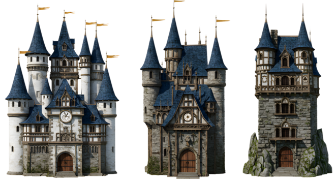 Detailed 3D rendered medieval castles with towers and stone architecture, perfect for fantasy or historical design projects