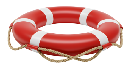 Red and white lifebuoy with rope safety equipment isolated on white background, perfect for marine safety and rescue operations