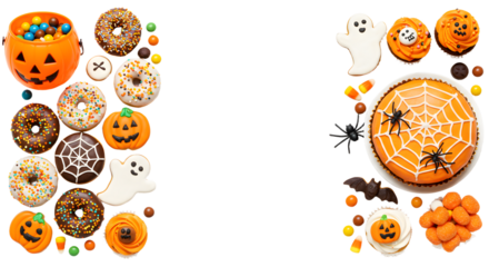 Halloween cookies and donuts with spooky decorations including pumpkins, ghosts, spiders, and candy, perfect for festive autumn celebrations