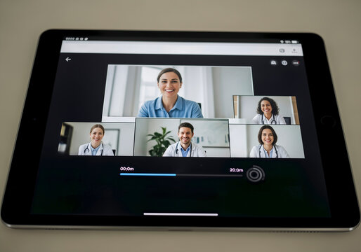 Tablet showing doctors in a video call, indoors. A vibrant image of healthcare and connection. Telemedicine technology, medical consultation, online healthcare.