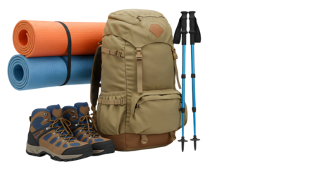 Hiking backpack with trekking poles, hiking boots, and rolled sleeping mats isolated on white background, perfect for outdoor adventures and camping trips