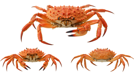 Three orange crabs isolated on white background, close-up view of marine crustaceans, great for seafood and ocean life projects