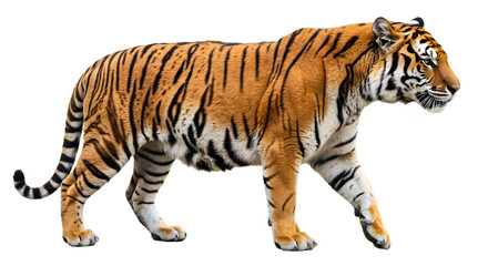 Obraz premium Majestic Bengal tiger walking with intense gaze isolated on white background, perfect for wildlife and nature projects