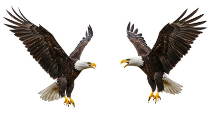 Two bald eagles flying with wings spread wide isolated on white background, majestic birds of prey in mid-flight