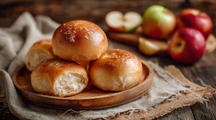 Golden rolls are stacked on a wooden plate next to fresh red apples in a warm kitchen.