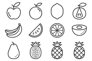 Twelve outline icons of various fruits and fruit slices apple