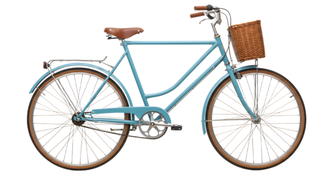 Vintage blue bicycle with basket on white background, classic retro bike perfect for urban commuting and leisurely rides