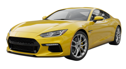 Yellow sports car isolated on white background, modern coupe vehicle with sleek design and alloy wheels, perfect for automotive and transportation projects