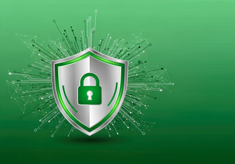 Shield with lock, displaying data protection on a green background. Secure technology, network security, digital solutions.