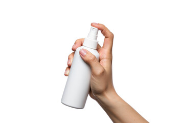Hand Holding White Matte Spray Bottle — on transparent png Background