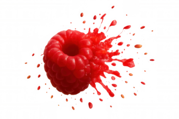 Raspberry bursting, creating a vibrant red juice splash. Fresh berry explosion, ideal for healthy food and drink concepts. Transparent background