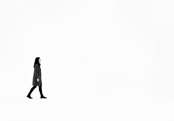 Woman walking on a white surface, in grayscale. A serene, minimalist portrait. Simplicity, solitude, contemplation.