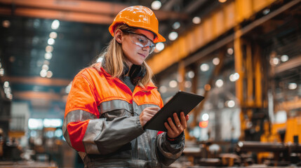 Female worker in high visibility jacket and hard hat is using tablet in industrial setting