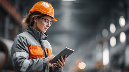 Female worker in high visibility jacket and hard hat uses tablet in industrial setting