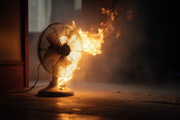 Floor fan engulfed in flames, with fire emerging from top and bottom, creating dramatic scene