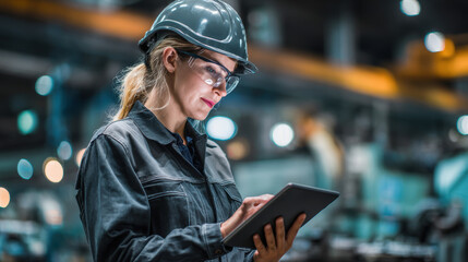 Female worker in safety gear, including hard hat and glasses, uses tablet in industrial setting