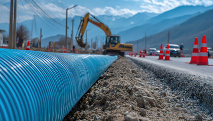 Long blue plastic water pipe is being diligently laid along road under construction with traffic cones and excavator