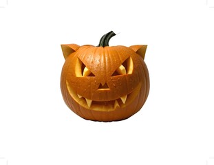 Halloween Pumpkin Carved with Cat Features and Fangs Isolated on White Background