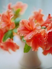 Fototapeta premium Elegant peach azalea flowers blossoming in vase indoor close up view