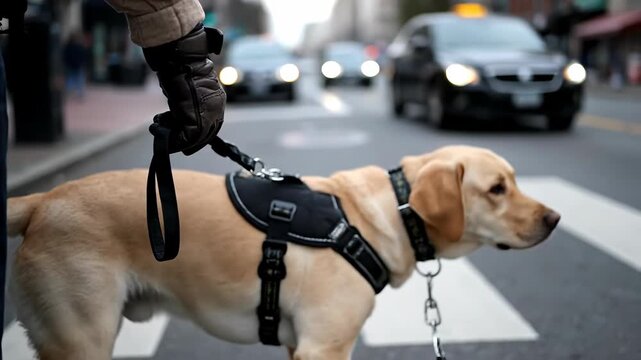 Concept of assistance and independence. A service animal helping a blind man navigate the city.