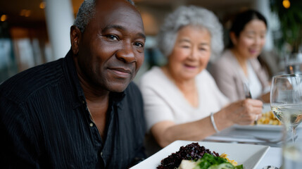 A joyful dining scene featuring a happy man and two women enjoying their meal. The atmosphere conveys warmth and connection among friends or family during a meal.
