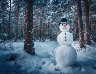 Anxious snowman stands alone in a quiet, mysterious forest. Surreal winter scene with eerie atmosphere, perfect for storytelling, fantasy, and seasonal concepts.
